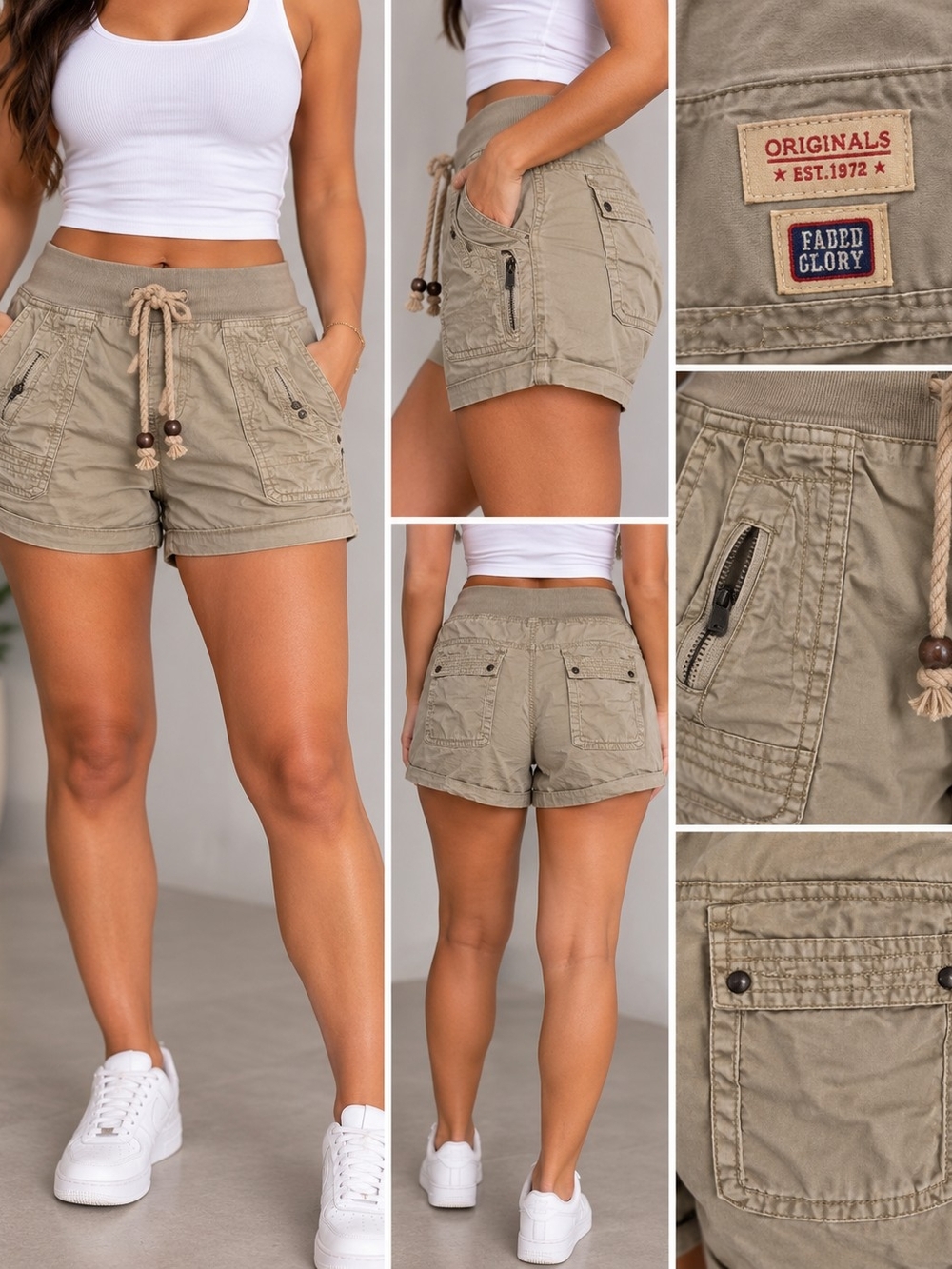 Faded Glory Olive/Tan Utility Drawstring Cargo Shorts